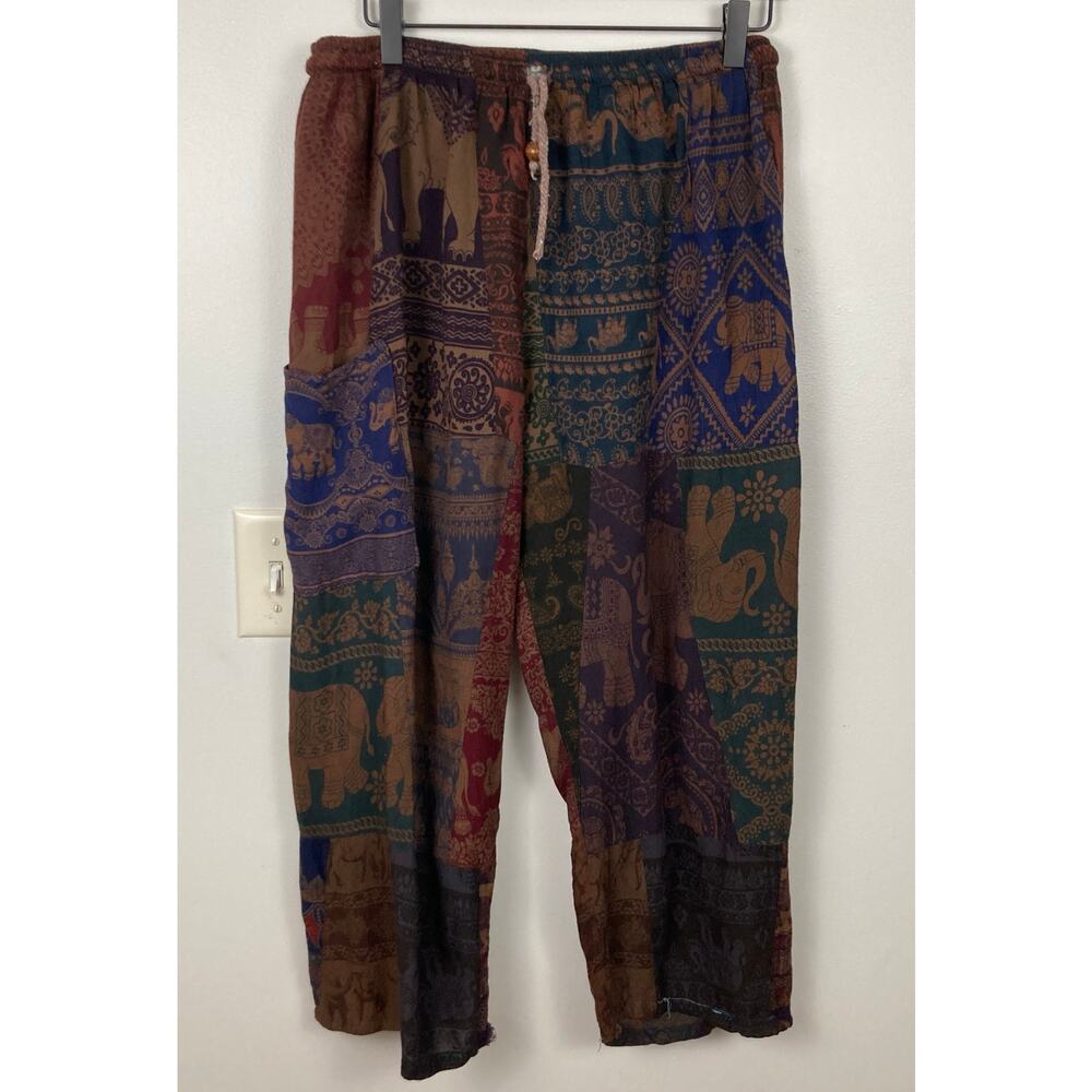Womens Patchwork Elephant Mandala Crop Harem Pants Size M FLAW Boho Hippie